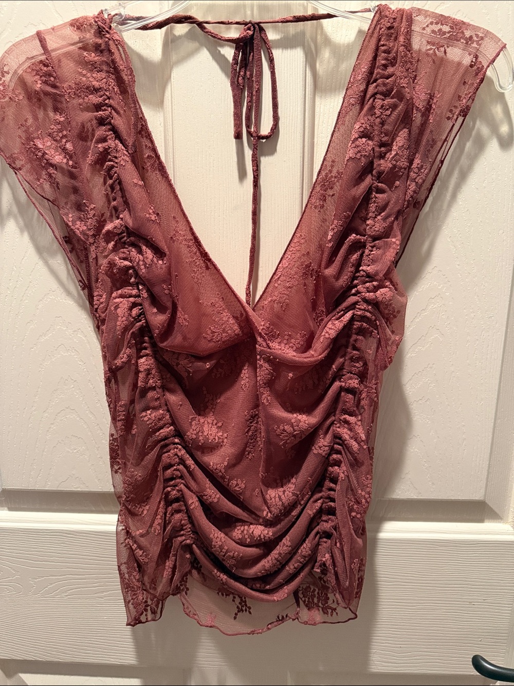 Free People Ruched V-Neck Mesh Camisole in Dusty Rose